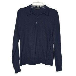 Prada 100% Virgin Wool Navy Knit Polo‎ Sweater Medium Long Sleeve Collared